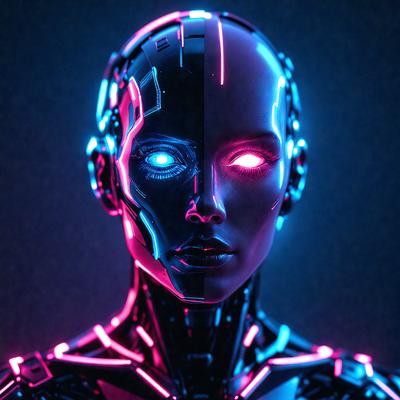 The primary subject of the image is a futuristic robot with a glowing face. The robot's face is illuminated with a blue and pink glow, giving it a unique and eye-catching appearance. The robot's face is the main focus of the image, and it is set against a dark background, which further emphasizes the robot's striking features. The visual style of the image is a combination of digital art and illustration, creating a dynamic and captivating scene. The overall atmosphere of the image is one of intrigue and wonder, as the viewer is drawn to the robot's otherworldly features and the mysterious world it inhabits.
